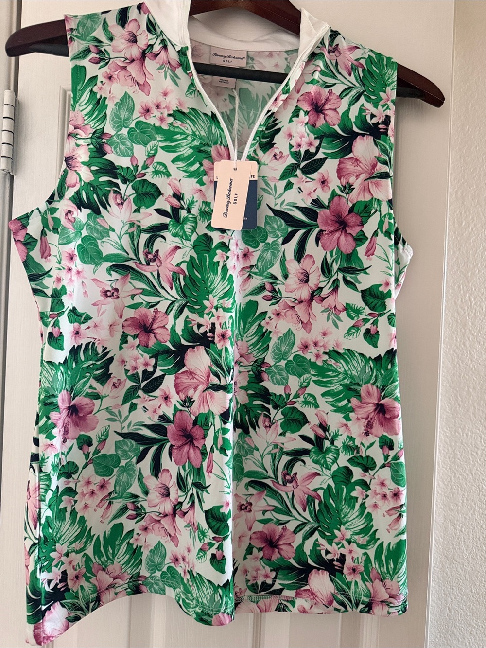 NWT Tommy Bahama Pink & Green Tropical Floral Zip-Front golf shirt
